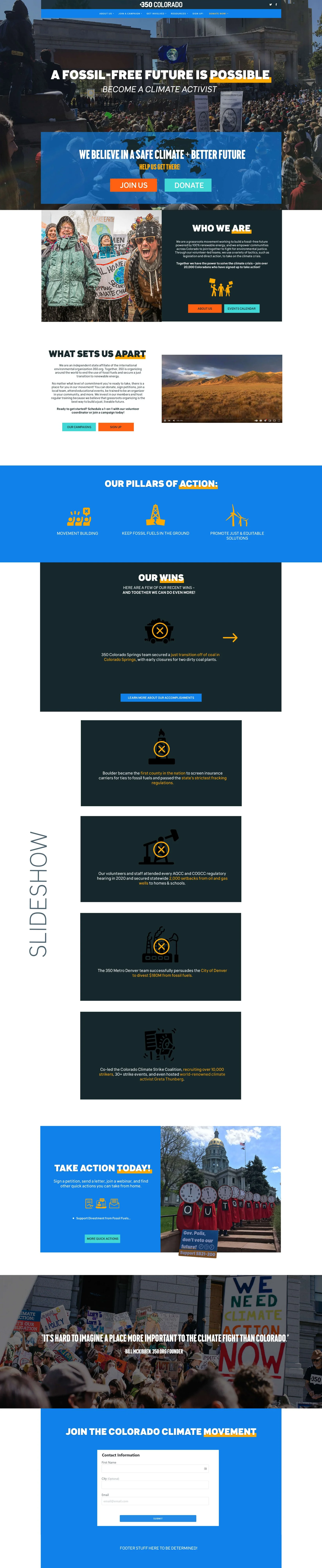Full website redesign for 350 Colorado showing hero, mission, pillars of action, wins slideshow, and call-to-action sections